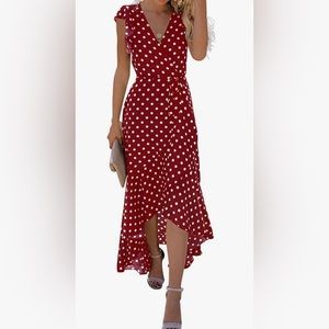 Red Polka dot cross V-neck high low flowy dress